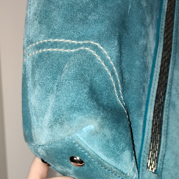Coach 8B31 Torqoise Blue Suede Tote Gunmetal Beaded Zipper Shoulder Bag - Picture 13 of 17
